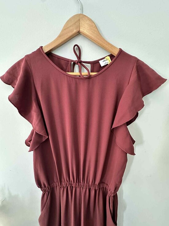 Wilfred Fleurette Cropped Wide Leg Ruffle Sleeve Jumpsuit – Wine, Size Medium - Picture 3 of 6